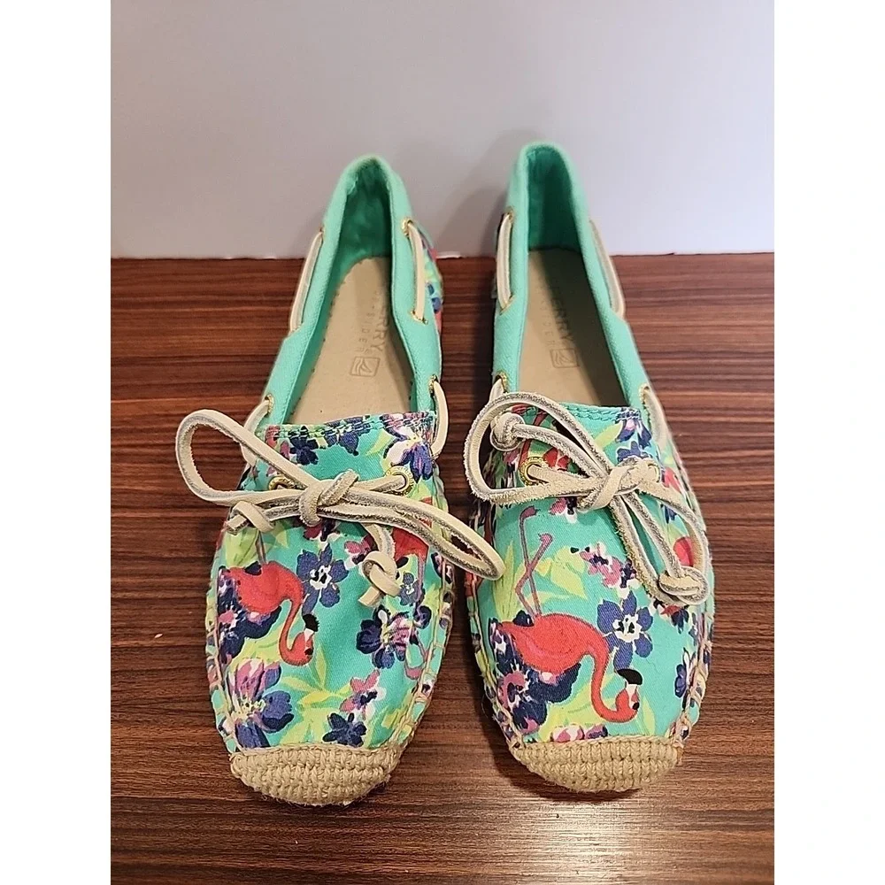Sperry Top Sider Womens Sz 5.5 Tropical Flamingo Canvas‎ Espadrille Loafer Shoes